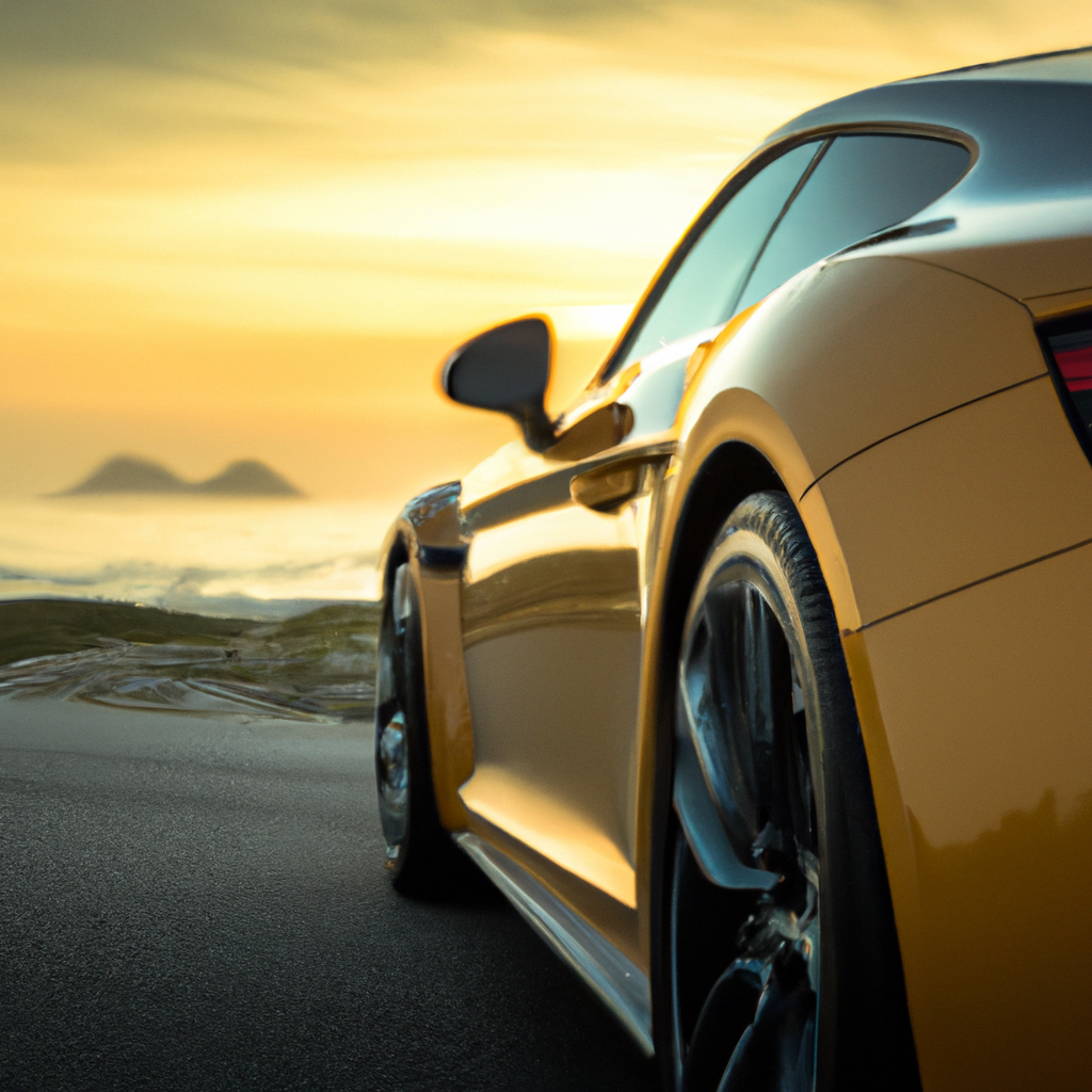 Carro esportivo de luxo na costa brasileira ao pôr do sol